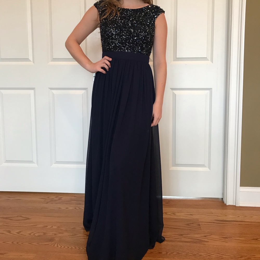 Aidan Navy Blue Sequin Chiffon Prom/Maxi Dress